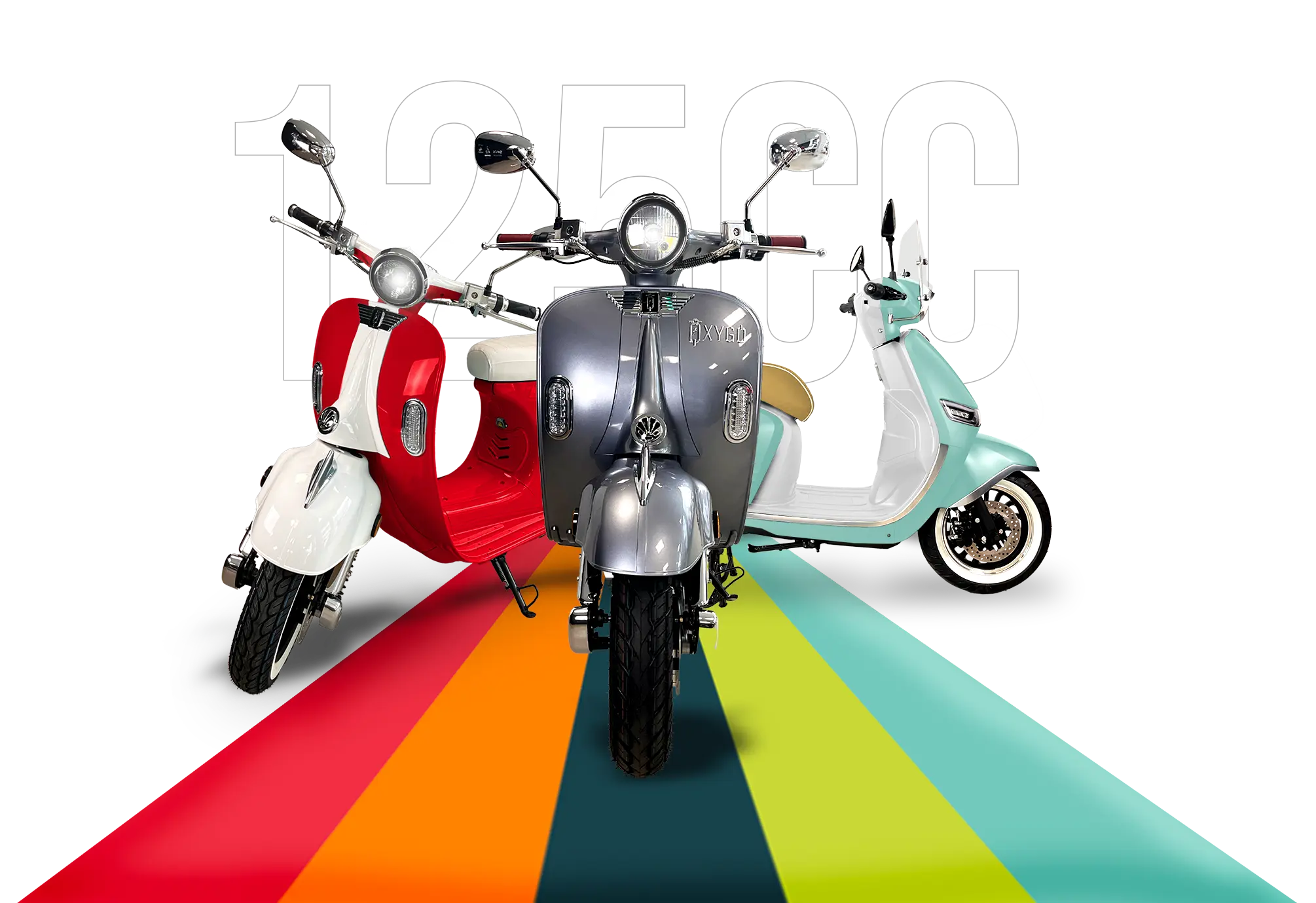 Composition de trois scooters 125 sur bande de couleurs