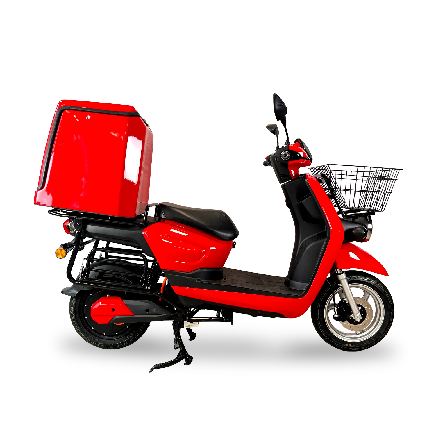 Scooter électrique Cargo d'Oxygo en rouge avec un top case et un panier à l'avant.